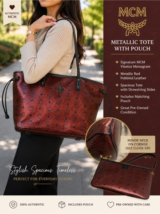 MCM Handbags - MCM Metallic Red Visetos Monogram Tote with Black Trim and Pouch
